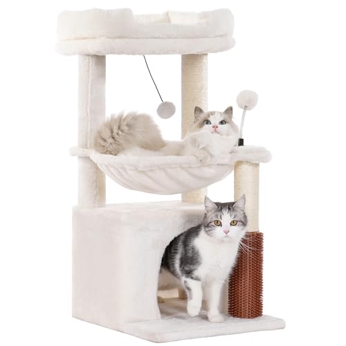 Cat Tree 32 Inches Small Cat Tree for Large Cats Adult Cat Tower with Scratching Post,15.7”Large Hammock and Self Groomer, and Removable Top Perch and Wide Condo for Indoor Cats-Beige