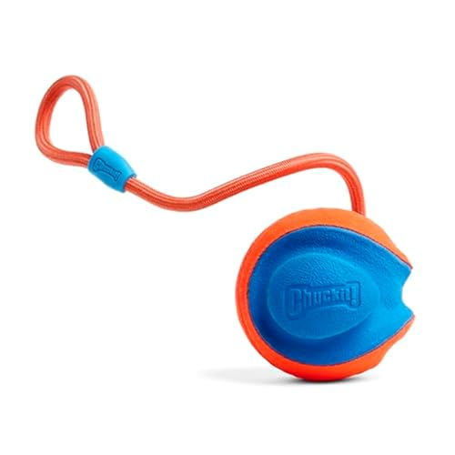Chuckit! Rope Fetch Dog Toy - Ball on Rope Fetch and Tug-of-War Toy for Dogs - Durable EVA Rubber Construction - 5.5-inch Diameter - 18-inch Rοpe - Orange and Blue