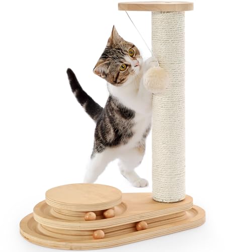 Made4Pets Cat Scratching Post Cat Scratcher Kitten Toys for Indoor Cats Wooden Ball Track Two-Layer Modern Sisal 17.7" Tall Scratch Post Interactive Toy with Dangling Ball