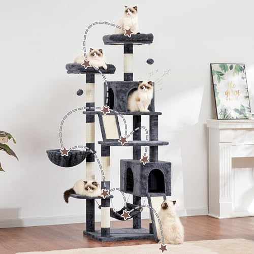 Gitelsnour Cat Tree for Indoor Cats, 71'' (180cm) Multi-Level Cat Tower for Large Adult, Sturdy Cat Tree House with 2 Scratching Boards 7 Posts, 2 Plush Perches/Condos, Hammock, Smoky Gray GCT032G