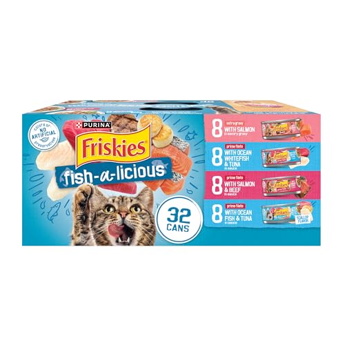 Purina Friskies Wet Cat Food Variety Pack Fish-A-Licious Extra Gravy, Filets and Tasty Treasures - (Pack of 32) 5.5 oz. Cans