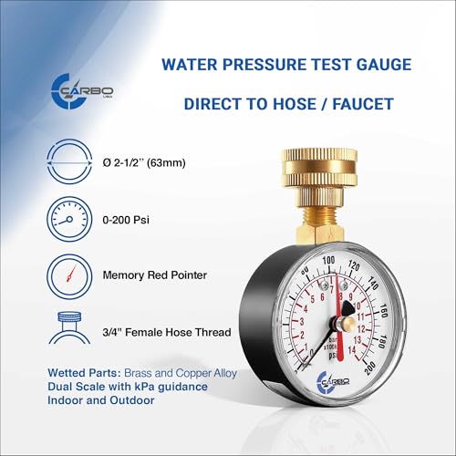 2-1/2" Water Pressure Test Gauge, 0-200 PSI, Red Max Pointer, 3/4" Female Hose Thread, Rust-Free Corrosion-Resistant Case, Brass Connector, for Home, Garden, RV, Indoor/Outdoor