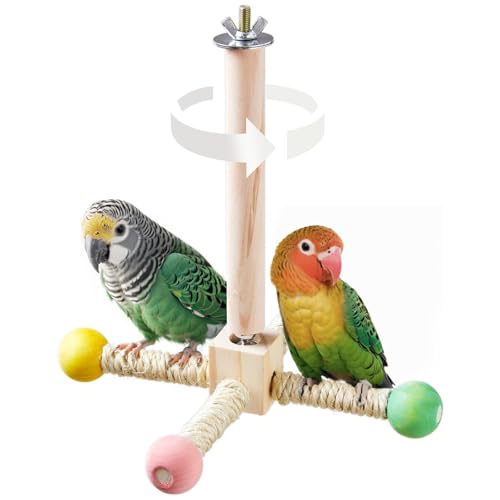 Bird Stand Perch Toy, Interactive Spinning Parakeet Toys, Wooden Exercise Wheel Parrot Toy, Enrichment Cockatiel Toy for Birds Cage, Bird Cage Accessories Perch Toys for Budgies (Small)