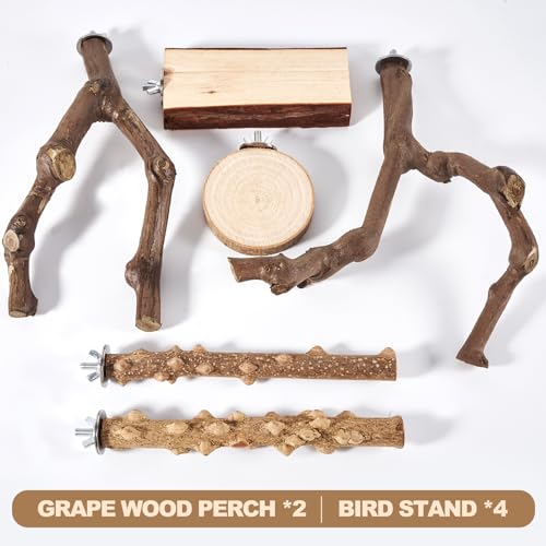 LIMIO 6-Piece Bird Perch Set - Natural Wood Grape Sticks, Paw Grinding Forks, Bird Stand & Toys for Parakeets, Cockatiels, Conure, Budgies