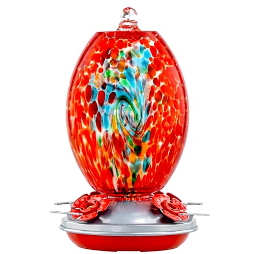 Muse Garden Glass Humming Bird Feeders for Outdoors - 27OZ Blown Glass Hummingbird Feeder - Unique Gift Mom Women Grandparents, Outdoors Hanging Garden Decor, Includes Ant Moat & Brush, Red Swirl