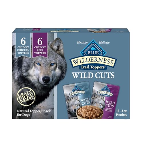 Blue Buffalo Wilderness Trail Toppers Wild Cuts Wet Dog Food Variety Pack, High-Protein & Grain-Free, Made with Natural Ingredients, Chicken and Beef Flavors, 3-oz Pouches, (12 Count, 6 of Each)