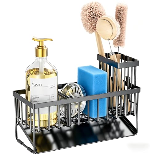 Cisily Sink Caddy Sponge Holder for Kitchen with Brush Holder and Stainless Steel Self Drain Tray, Rustproof Kitchen Sink Organizer for Sponge, Soap Dispenser Storage Accessories