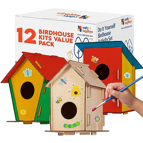 12 DIY Bird House Kits For Children to Build - Wood Birdhouse for Kids to Paint - Unfinished Bird Houses - Spring Crafts Kits - Wooden Arts & Craft for Girls & Boys - Classroom & Spring Activity