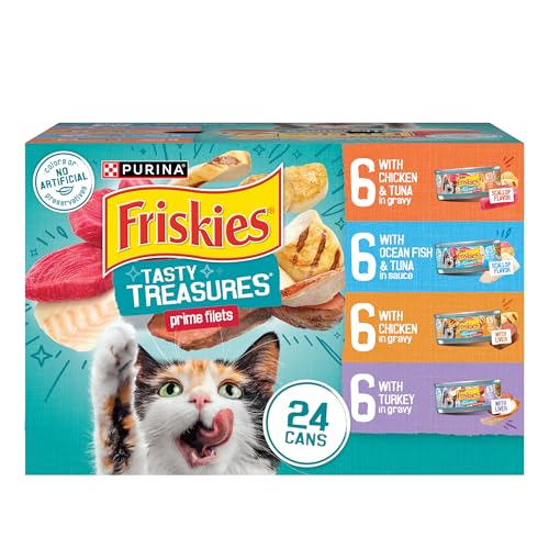 Purina Friskies Wet Cat Food Variety Pack, Tasty Treasures Filets (With Chicken and Tuna, With Chicken, and With Ocean Fish and Tuna, and With Turkey) - (Pack of 24) 5.5 oz. Cans