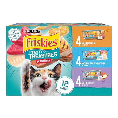 Purina Friskies Wet Cat Food Variety Pack, Tasty Treasures Filets (With Ocean Fish and Tuna, With Chicken and With Turkey) - 5.5 Ounce (Pack of 12)