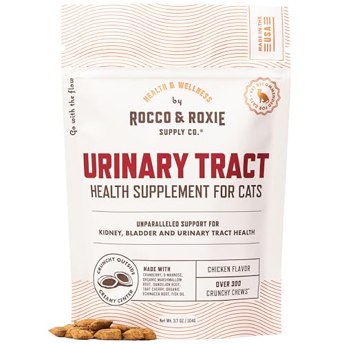 Rocco & Roxie Cat Urinary Tract Health Supplement, Cranberry and D-Mannose for Bladder, UT and Kidney Support for Cats, Vet-Recommended, Chicken-Flavored Crunchy Chews, Made in USA