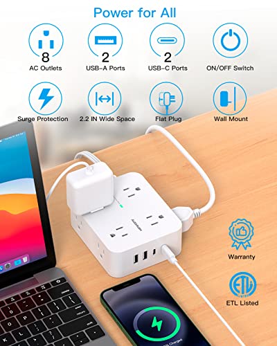 Surge Protector Power Strip, HANYCONY Extension Cord with Multiple Outlets, 5 Ft Ultra Thin Flat Plug 8 Outlets 4 USB Ports(2USB C), 1080J Outlet Extender for Home Office College Dorm Room Essentials