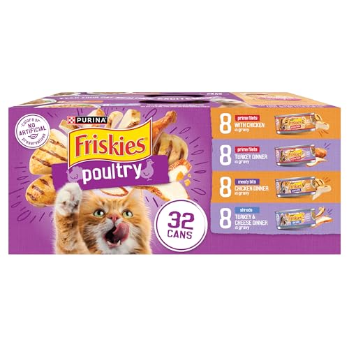 Purina Friskies Gravy Wet Cat Food Variety Pack, Poultry Shreds, Meaty Bits and Filets - (Pack of 32) 5.5 oz. Cans