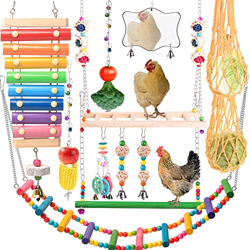 Chicken Toys for Coop 12PCS Set, KAKUNM Chicken Enrichment Toys,Including Xylophone, Swing Set, Mirror Toy, Flexible Ladder, Vegetable String Bag and Hanging Feeder, Coop Accessories for Hens