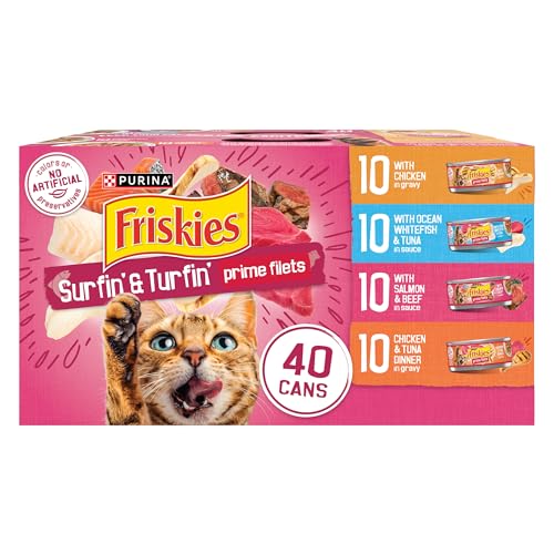 Purina Friskies Gravy Wet Cat Food Variety Pack, Surfin’ and Turfin’ Filets Favorites - (Pack of 40) 5.5 oz. Cans