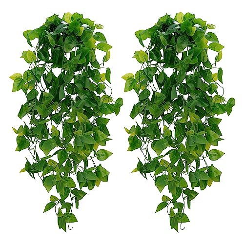 BLEUM CADE Fake Hanging Plants, 2pcs Artificial Pothos Vines Greenery for Wall Home Living Room Office Indoor Outdoor Decor (No Baskets)