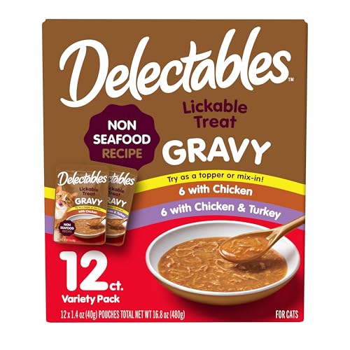 Delectables Lickable Treat Gravy Wet Cat Treat Variety Pack, Food Topper, Hydrating, Grain-Free, No Fillers, By-Products, Added Preservatives, 1.4oz Pouch, 12ct