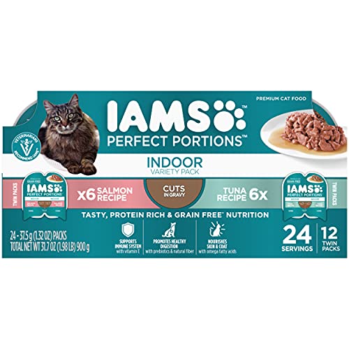 IAMS Perfect Portions Grain Free Wet Cat Food, Indoor Adult Cat Food Wet Cuts in Gravy, Variety Pack: Tuna & Salmon Recipe, 1.98 lb. (Pack of 1) Twin-Pack Trays