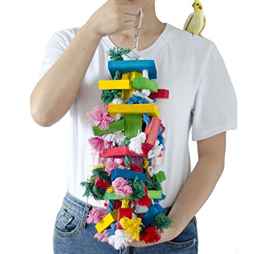 Deloky Bird Block Knots Tearing Toy- 19.7 inch Multicolored Natural Wooden Parrot Chewing Toy Suggested for Macaws cokatoos, African Grey and a Variety of Parrots. (Large Size)