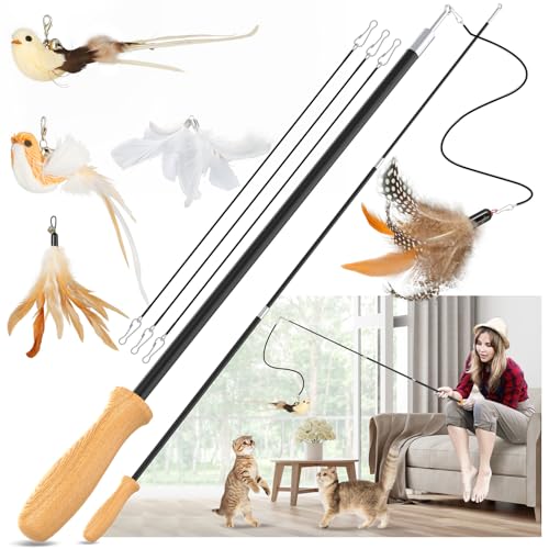 ROSAUI Cat Teaser Wand Toys, Interactive Bird Toys for Indoor Kittens, 42.15’’ Long Cat Fishing Pole Toys, 2Pcs Wires and 5Pcs Natural Refills, Sustainable Wooden Handles, Exercising, Playing
