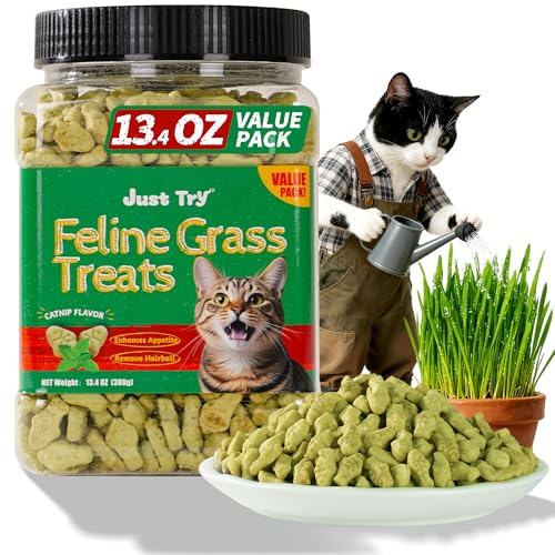 Just Try Cat Treats for Indoor Cats Hairball Control Natural Salmon Healthy Cat Grass Treats Kitten Snacks Training Biscuits Catnip for Cats Dental Care 13.4 OZ