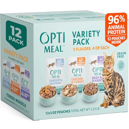 Optimeal Wet Cat Food Variety Pack - Grain Free Tender Morsels, High Protein Premium Nutrition Made with Natural European Ingredients in Savory Gravy, Adult Cat Food Wet Pouches 3oz Pouch (Pack of 12)