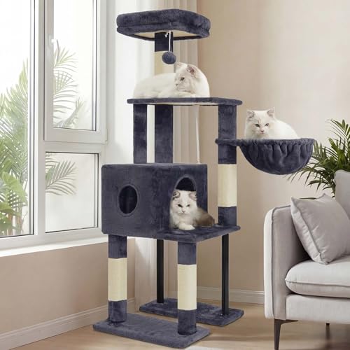 Heybly Cat Tree, 49.2 Inches Cat Tower for Indoor Cats, Spacious Cat House Condo with Hidden Space,Sturdy Steel Tube,Soft Plush Top Perch,Cozy Hammock and Sisal Scratching Posts, Smoky Gray HCT200SG