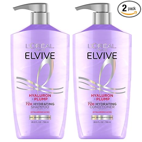 L'Oreal Paris Elvive Hyaluron Plump Shampoo and Conditioner Set for Dehydrated, Dry Hair with Hyaluronic Acid Care Complex, 1 Kit (2 Products)