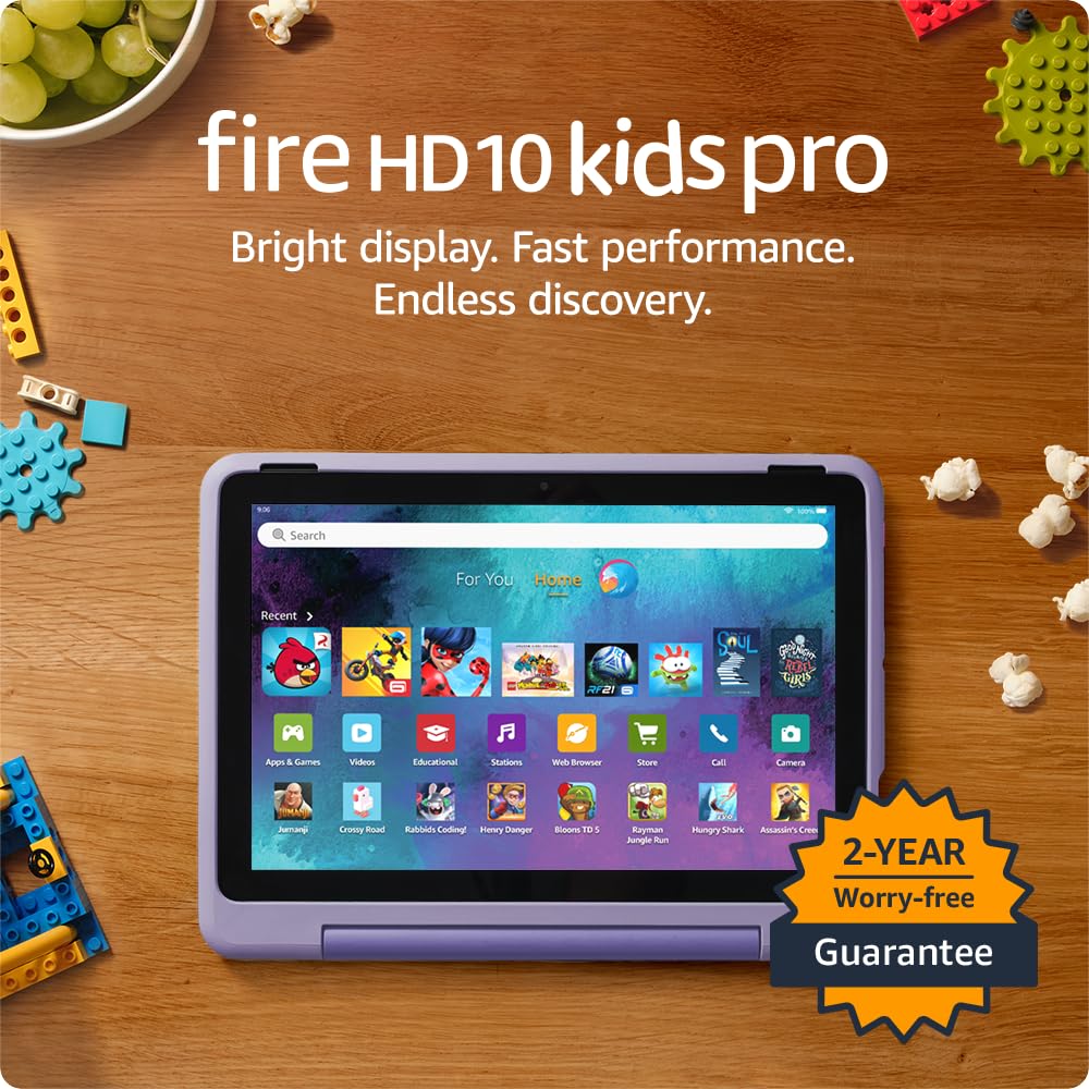 Fire HD 10 Kids Pro tablet, ages 6-12. Bright 10.1" HD screen, includes ad-free content, robust parental controls, 13-hr battery and slim case for older kids, 32 GB, Happy Day