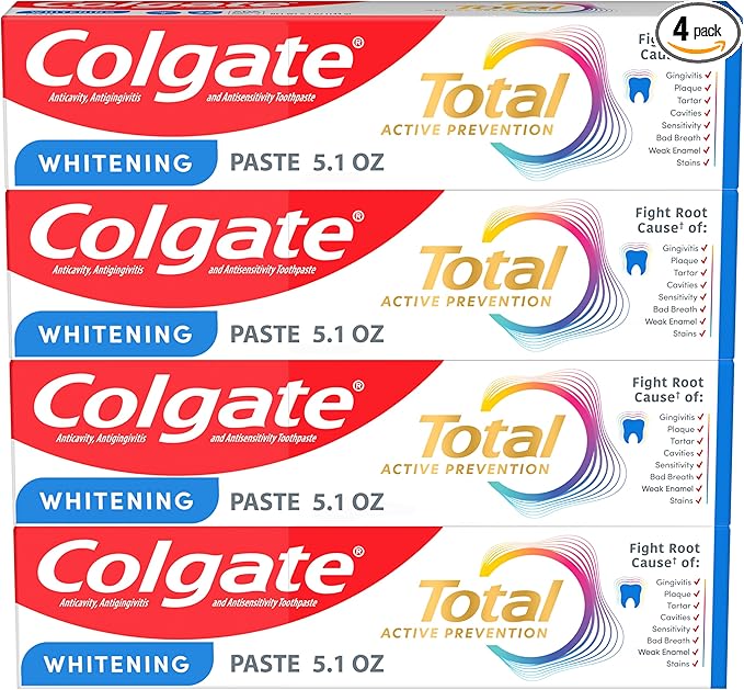 Colgate Total Whitening Toothpaste Paste, 5.1 oz, 4 Pack, Fluoride, Antibacterial, for Plaque, Gingivitis, Sensitivity, Stain Removal, Clinically Proven, Mint, Teeth Whitening, Stannous Fluoride