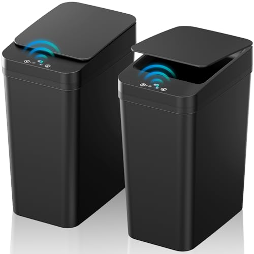 Bathroom Trash Can with Lid, KOEYLE 2 Pack 2.2 Gallon Automatic Touchless Garbage Can, Small Motion Sensor Smart Trash Can, Slim Waterproof Trash Bin for Bedroom, Bathroom, Office, Living Room (Black)
