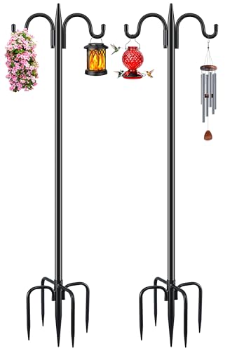 Gtongoko Double Shepherds Hook for Outdoor, 2 Pack 92 Inch Heavy Duty Bird Feeder Pole 3/4 Inch Thick Garden Hooks for Hanging Hummingbird Feeder, Plant Baskets, Solar Light Lanterns