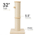 PAWSCRAT Cat Scratching Post 32 Inch High, 5.5 Inch Large Diameter Natural Sisal Cat Scratch Post, Scratch-Resistant and Durable Tall Cat Scratcher for Indoor Cats, Protect Your Furniture, Beige