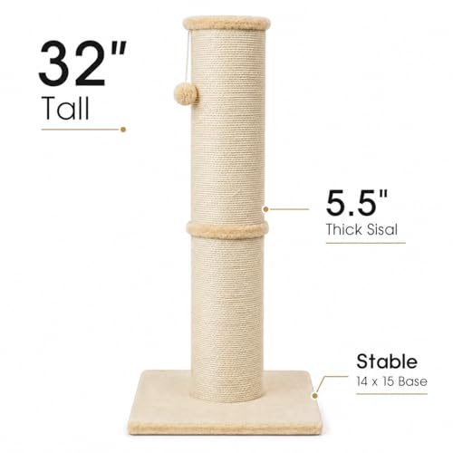 PAWSCRAT Cat Scratching Post 32 Inch High, 5.5 Inch Large Diameter Natural Sisal Cat Scratch Post, Scratch-Resistant and Durable Tall Cat Scratcher for Indoor Cats, Protect Your Furniture, Beige