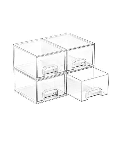 Vtopmart 4 Pack Small Clear Stackable Storage Drawers for Desk, Countertop | Bathroom Makeup Accessories Organizer, Plastic Bins For Desk, Vanity, Undersink, Medicine Cabinet ,Home Organization