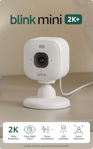 Blink Mini 2K+ (newest model) – Plug-in Home & Pet Indoor Security Camera with 2K video resolution, night vision, enhanced audio, motion detection – 2 cameras (White)