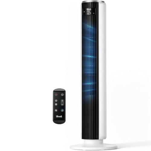 Levoit Tower Fan for Bedroom, 28ft/s Fans that Blow Cold Air, 28dB Quiet | Standing Floor Fan for Room, 90° Oscillating, 5 Speeds 4 Modes & Temp Sensor, Bladeless, 12H Timer, Remoter, 36 inch, White