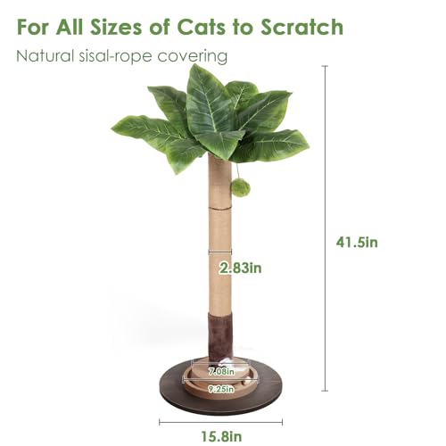35" Sisal Rope Cat Scratching Post, Palm Leaf Cat Tree with Hanging Ball & Mouse Toy for Kittens & Adult Indoor Cats