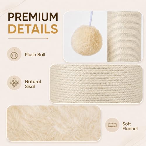 PAWSCRAT Cat Scratching Post 32 Inch High, 5.5 Inch Large Diameter Natural Sisal Cat Scratch Post, Scratch-Resistant and Durable Tall Cat Scratcher for Indoor Cats, Protect Your Furniture, Beige