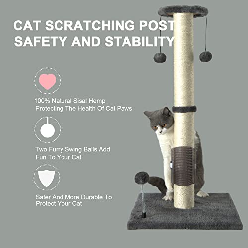 PEEKAB 32" Tall Cat Scratching Post Sisal Scratch Posts,with Hanging Ball and Self-Massage Brush Vertical Scratcher for Indoor Cats and Kittens Gray 32inches