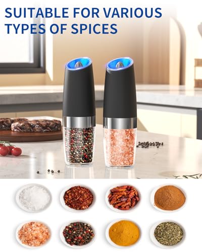 CIRCLE JOY Gravity Electric Salt and Pepper Grinder Set Automatic Salt and Pepper Grinder Set with LED Light, Battery Operated, Adjustable Coarseness, Large Capacity, for Home Kitchen BBQ, Black