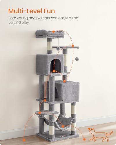Feandrea Cat Tree, 59.5-Inch Tall Cat Tower, Plush Multi-Level Condo with 5 Scratching Posts, 2 Perches, 2 Caves, Hammock, 2 Pompoms, Light Gray UPCT192W01