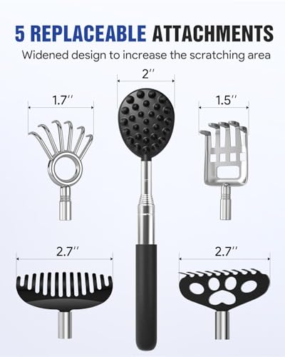 Gelibo Telescoping Large Back Scratcher with 5 Detachable Heads,Rubber Handles Gifts for Him, Gifts for Men, Extendable Back Massager Tool with Beautiful Box