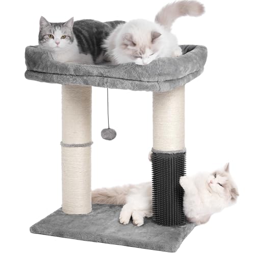Cat Tree Tower for Large Cats Cat Scratching Post with 20x15.7”Wide Top Bed, Self Groomer, Thick Scratch Post [Dia=4.5”] and Danging Ball Great for Indoor Cats-Large Grey