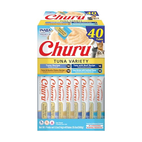 INABA Churu Cat Treats, Lickable, Squeezable Creamy Purée Cat Treat with Green Tea Extract & Taurine, 0.5 Ounces Each Tube, 40 Tubes, Tuna Variety Box