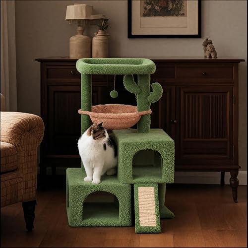 AIWIKIDE 37.4" Cactus Cat Tree Tower with Twin Cat Condos for Indoor Cats, All-in-One Activity Center with Cat Scratching Post Cozy Sleeping Perch Hammock and Toy Balls,Green