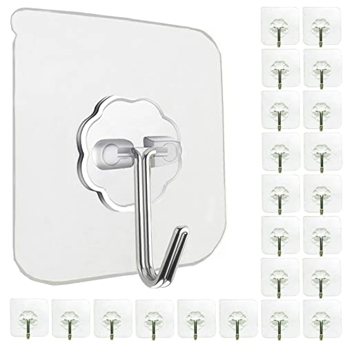 Jwxstore 24 Pack Self Adhesive Hooks Heavy Duty - 33lb Max, Transparent, Waterproof, Sticky Wall Hooks for Keys, Bathroom, Shower, Outdoor, Kitchen, Door, Home Improvement, Utility Hooks