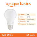 Basics A19 LED Light Bulbs, 60 Watt Equivalent, Energy Efficient 9W, E26 Standard Base, Soft White 2700K, Dimmable, 10,000 Hour Lifetime , 6-Pack