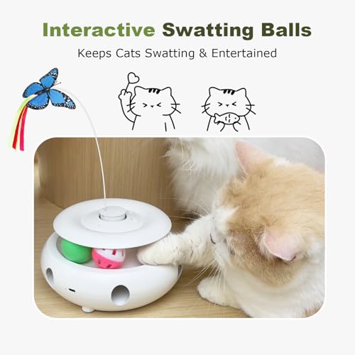 Cat Toys for Indoor Cats, 3-in-1 Interactive Cat Toy Automatic Kitten Toys with Fluttering Butterfly, Ambush Feather and Track Balls, Smart Sensor Wake-Up,USB Powered, Exercise & Boredom Relief