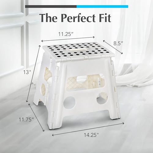 Handy Laundry Folding Step Stool 13 Inch, White, Non-Slip Holds 300 lbs | 13 Inch, White, Foldable Collapsible Step Stool, Non-Slip, Holds 300 lbs, Kitchen Bathroom Bedroom, Adults